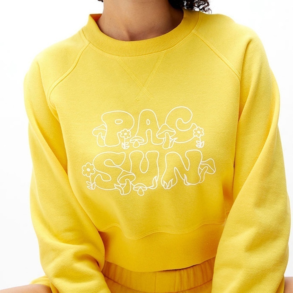 🍄 HOST PICK 🍄 PacSun Funky Mushroom Cropped Sweatshirt, Yellow, Large, NWT